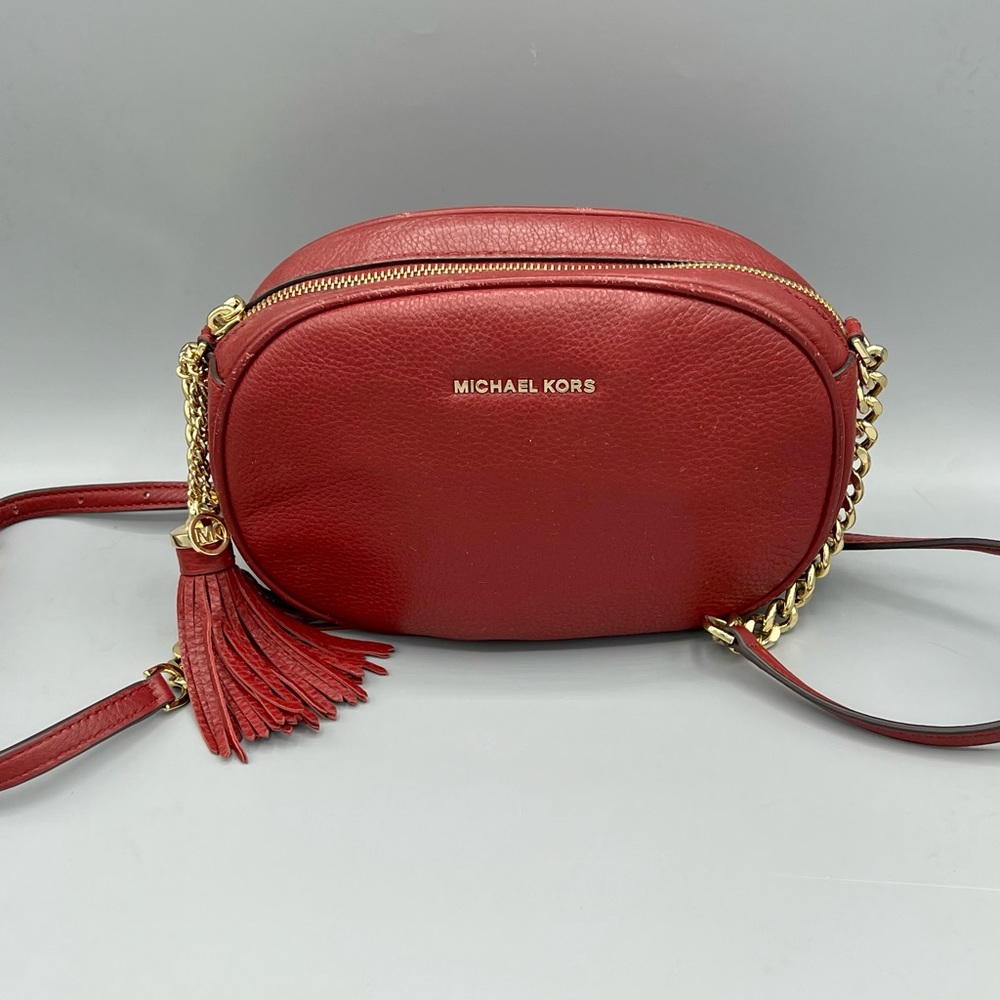 Michael Kors Red Oval Crossbody Purse Gold Chain and Tassel Accents